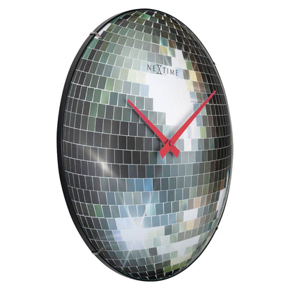 NeXtime Clocks wall clock with 35cm diameter, silent operation, dome glass design, featuring a disco ball style finish.