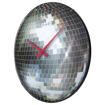 NeXtime Clocks wall clock, 35cm silent dome glass design with disco ball style for modern home decor.