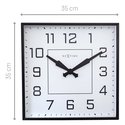 Metal wall clock by NeXtime Clocks, 35x35cm, silent operation, Arabic numerals, square design, "Be Square" style.