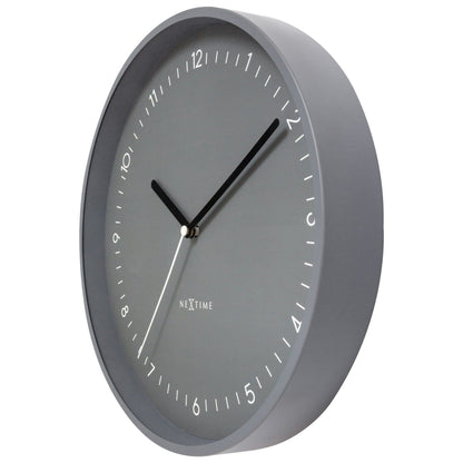 NeXtime Clocks Berlin wall clock with 30cm aluminium case, silent movement, shown from right side.