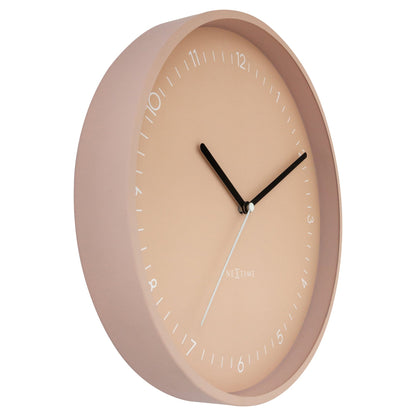 NeXtime Berlin wall clock, 30cm silent aluminium clock with black hands and minimalist design, viewed from the left side.
