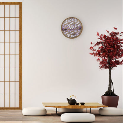 NeXtime wandklok 40cm van hout, stil, paars, met Yogi ontwerp voor interieurdecoratie.