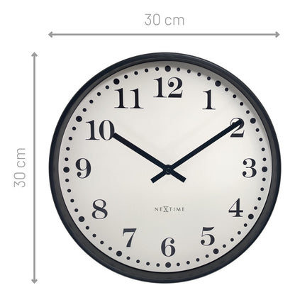 NeXtime Dickens wall clock, 30cm silent clock with black and white plastic design featuring traditional style.