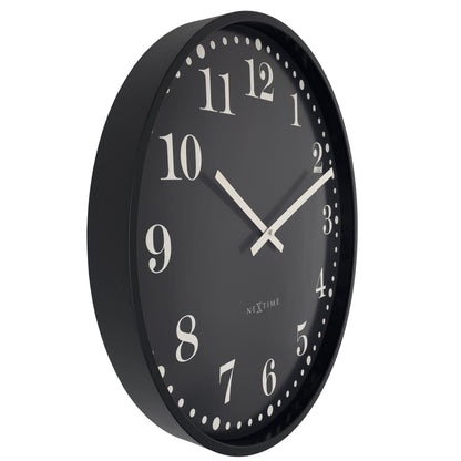 Black and white NeXtime Dickens large wall clock, 50cm diameter, silent movement, plastic frame with a vintage-inspired design.