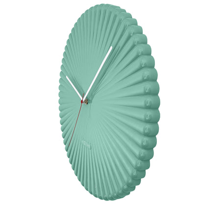 White and green NeXtime Mousse wall clock, 40cm diameter, made of polyresin, shown from the right side with a modern design.