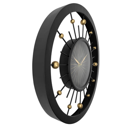 Black metal NeXtime Orbit wall clock, 60cm diameter, silent movement, modern design, shown from the left side.