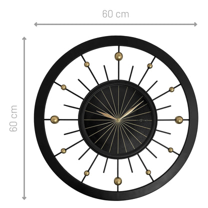 Black metal NeXtime Orbit wall clock, 60cm diameter, with a silent mechanism and modern design, displayed on a wall.