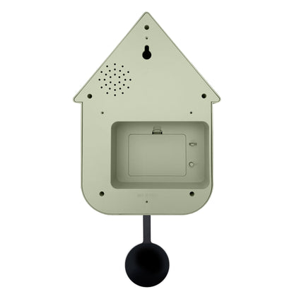 NeXtime Twitter wall clock with pendulum, cuckoo feature, measures 21.5x41.5x8.5cm, shown from the back view.