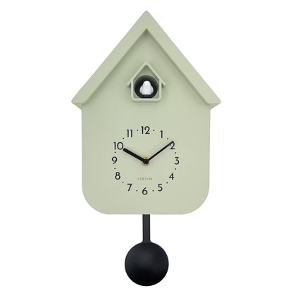 NeXtime Twitter wall clock with pendulum, black frame, and cuckoo bird, measuring 21.5x41.5x8.5cm, front view.
