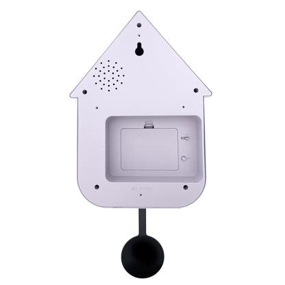 NeXtime Twitter wall clock with pendulum, black frame, and cuckoo design, measuring 21.5x41.5x8.5cm, back view image.
