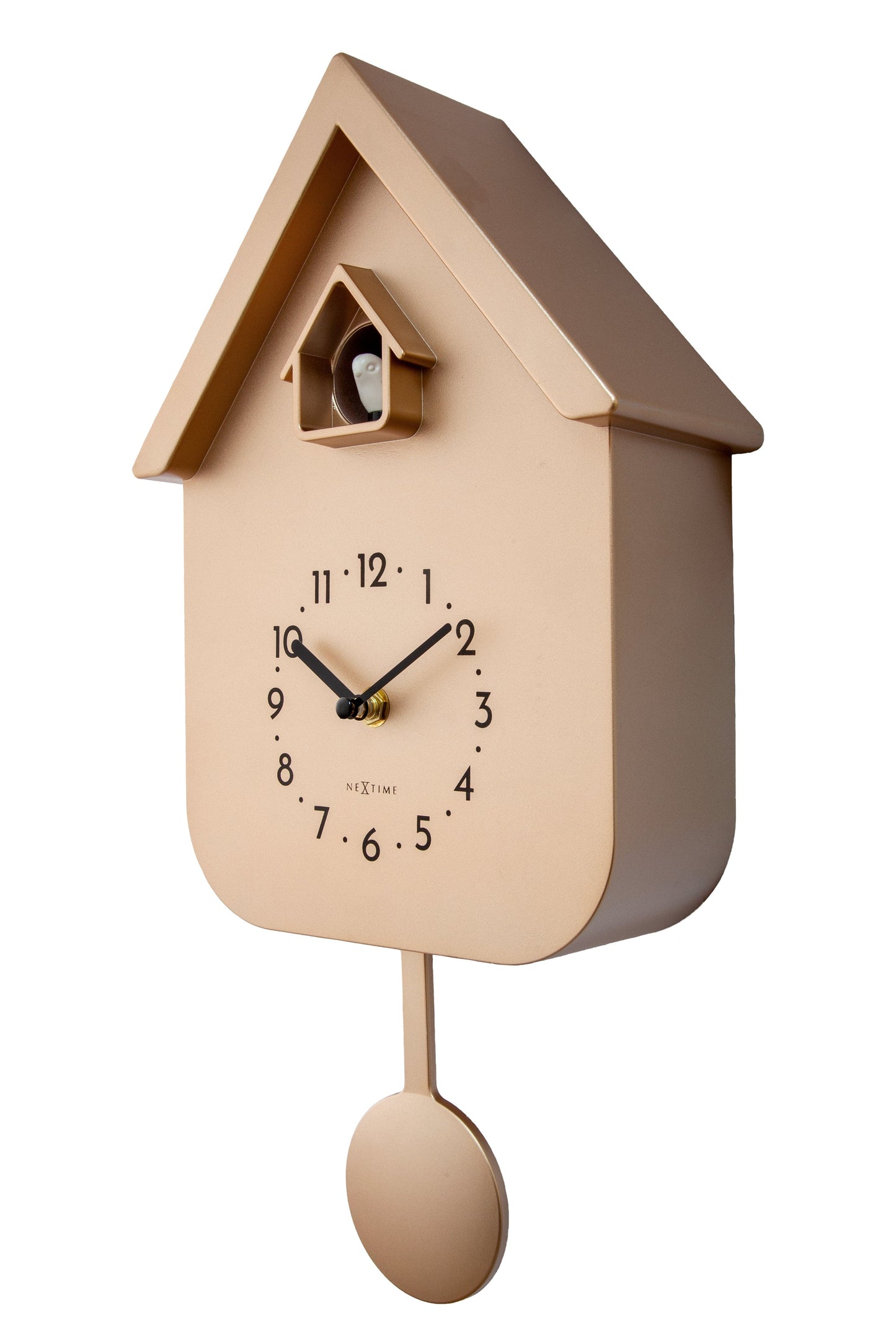 NeXtime Twitter wall clock with pendulum, 21.5x41.5x8.5cm, featuring a modern cuckoo design and right-side view.