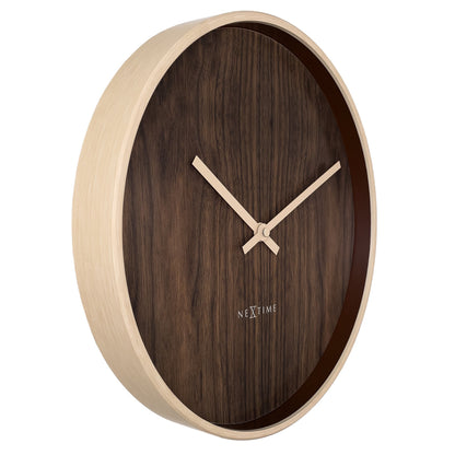 Dark and light brown NeXtime Oslo wall clock, 30cm silent plastic clock with minimalist design, shown from the left side.