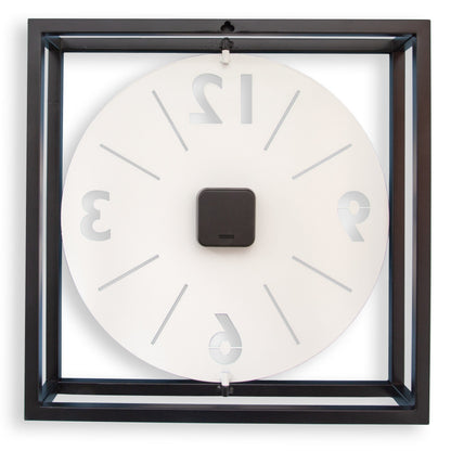 NeXtime 'Time Frame' wall clock with black and white metal design, 40x40x9.5 cm, showing the back view.