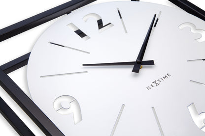 NeXtime Time Frame black and white metal wall clock, 40x40x9.5 cm, with modern design and sleek finish.