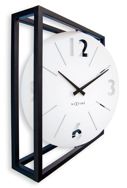 NeXtime wall clock, 40x40x9.5 cm metal design in black and white, featuring modern minimalist style.