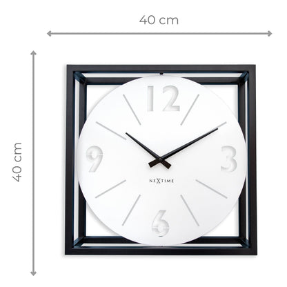 NeXtime 'Time Frame' black and white metal wall clock, 40x40x9.5 cm, with minimalist design and clear clock face.