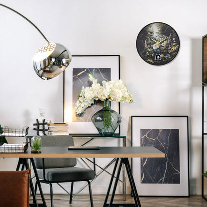 Black plastic wall clock with cuckoo bird and 30cm diameter, NeXtime Vanity Cuckoo design, modern and stylish timepiece