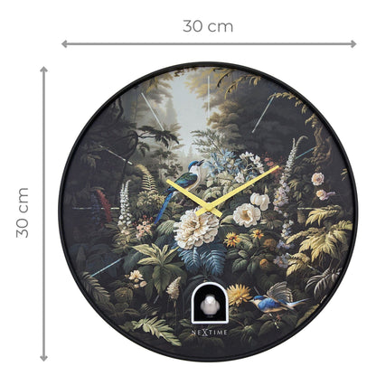 Black plastic wall clock with a 30cm diameter and cuckoo feature, from NeXtime's Vanity Cuckoo collection.