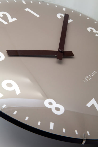 NeXtime Duomo wall clock with 35cm diameter, domed glass lens, silent movement, silver frame, detailed clock face.