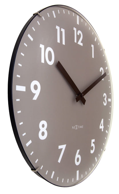 NeXtime Duomo wall clock with 35cm domed glass lens, silent mechanism, black frame, and white clock face.