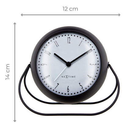NeXtime Bubble Alarm Clock with metal body, silent mechanism, measuring 14x12x8cm, featuring a modern, rounded design.