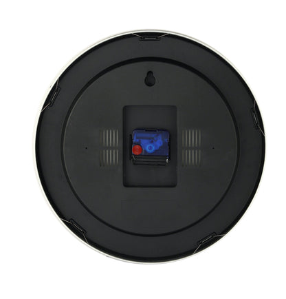 NeXtime Clocks station stripe aluminum wall or table clock showing back view with clock mechanism and branding details.