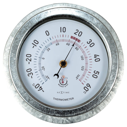NeXtime Clocks galvanized metal garden thermometer, 22cm weatherproof outdoor thermometer with Lily design, front view.