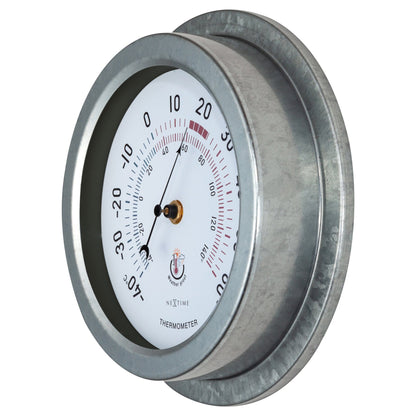 Galvanized metal garden thermometer by NeXtime Clocks, 22cm weatherproof thermometer with lily design on the right side.