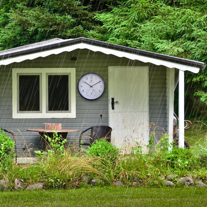 NeXtime outdoor garden clock with thermometer in Marigold color, 30.5 cm weatherproof metal design for outdoor use.