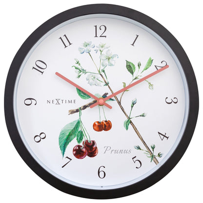 NeXtime Clocks weatherproof outdoor garden clock, 30.5 cm diameter, featuring Prunus floral design on a clear background.