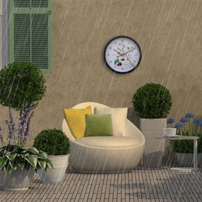 Weatherproof outdoor garden clock by NeXtime Clocks, 30.5 cm diameter with Prunus design, suitable for outdoor wall mounting.