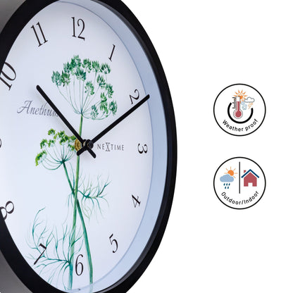Weatherproof outdoor garden clock by NeXtime Clocks, 30.5 cm diameter, with a stylish Anethium design and easy-to-read clock face.