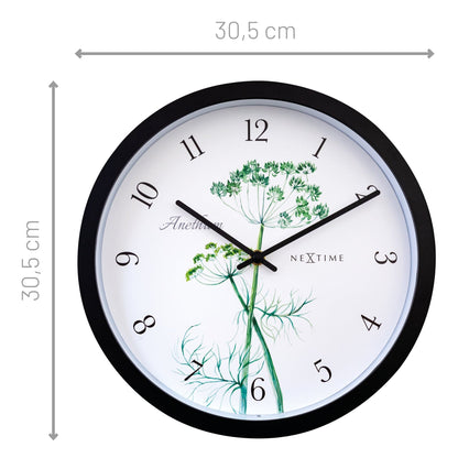 Weatherproof outdoor garden clock by NeXtime Clocks, 30.5 cm Anethium model with black frame and easy-to-read dial.