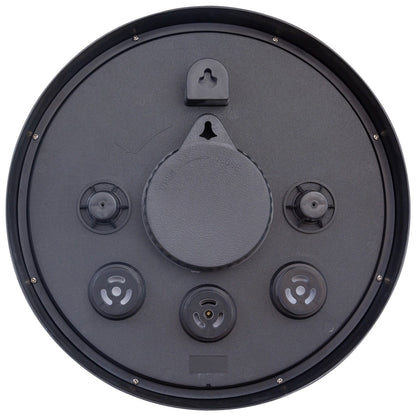 Weatherproof outdoor garden clock by NeXtime Clocks, 30.5 cm Silene model, shown from the back with black frame and clock face.