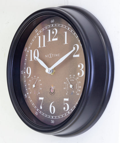 Weatherstation garden clock by NeXtime Clocks, 23.5 cm, weatherproof wall clock with Jasmine style, shown from right side.