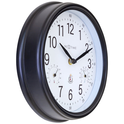 NeXtime Clocks Jasmine weatherproof garden wall clock, 23.5 cm diameter, showing time on a stylish outdoor clock with leftside view.