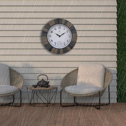 Large Aster NeXtime outdoor garden clock with thermometer, 43.5 cm polyresin weatherproof clock for outdoor use.