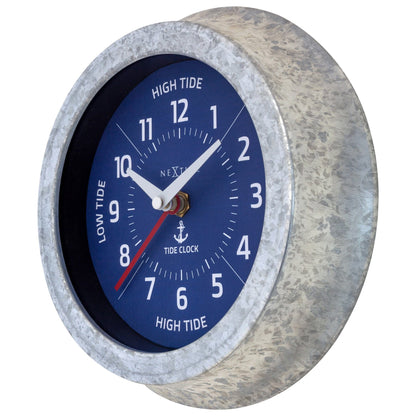 NeXtime Tide wall clock with tide status indicator, 22cm galvanized silver clock face, showing tide level on the right side.
