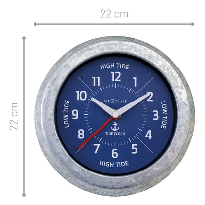 NeXtime Tide wall clock in galvanized silver, 22cm, showing tide status with clear hour and minute hands.