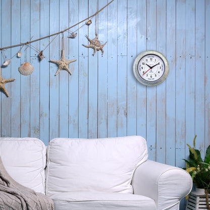 NeXtime Tide wall clock with galvanized silver finish showing tide status, 22cm diameter, modern design.