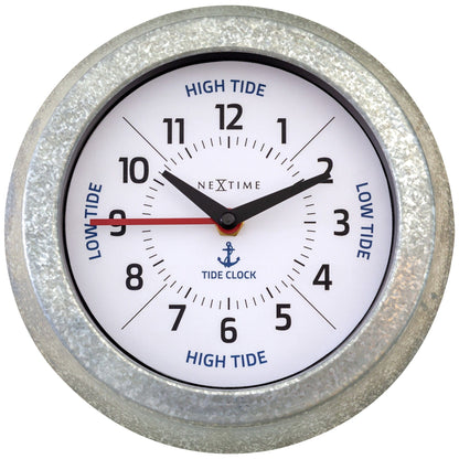 NeXtime Clocks tide wall clock with galvanized silver finish, 22cm diameter, showing tide status and time on the front.