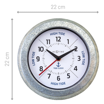 NeXtime Tide wall clock with silver galvanized finish and tide status display, 22cm diameter, modern nautical design.