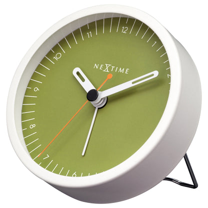 Small NeXtime Clocks table alarm clock with light function, silent operation, metallic finish, right-side view, 9x9x7.5cm