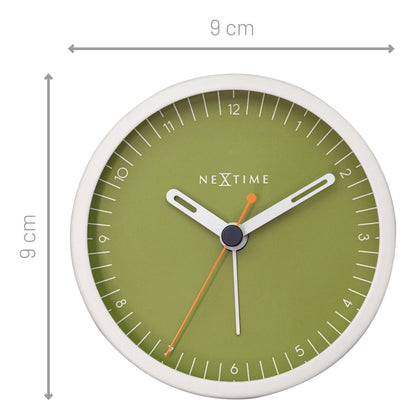 Small NeXtime Clocks table alarm clock with light function, silent operation, measuring 9x9x7.5cm, made of metal.