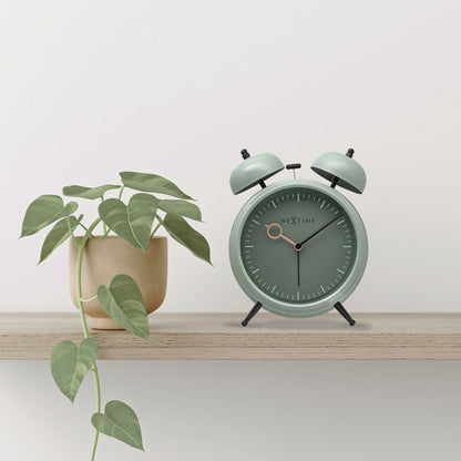 NeXtime Clocks golden hour metal alarm clock with light function, silent operation, dimensions 15x18x7cm, stylish design.