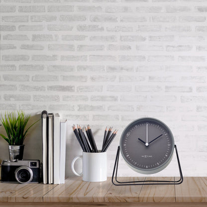 NeXtime Berlin Table Alarm Clock with silent metal design, 14x13x7cm, modern style, placed on a surface.