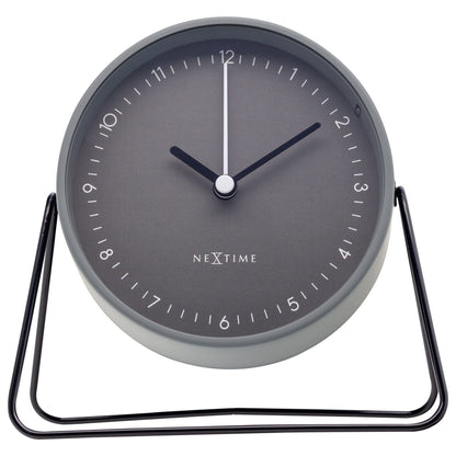NeXtime Clocks Berlin table alarm clock, silent metal design, 14x13x7cm, front view showing sleek modern style.