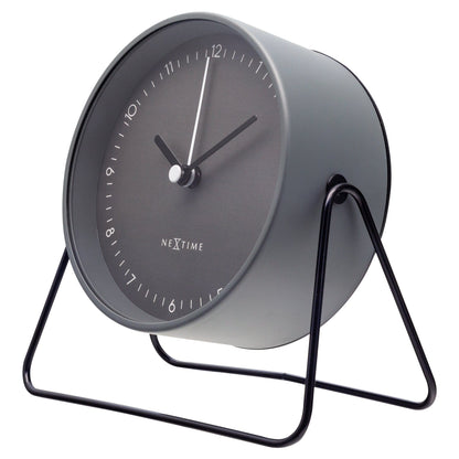 NeXtime Clocks Berlin table alarm clock, metal design, silent operation, 14x13x7cm, positioned on right side of the image.