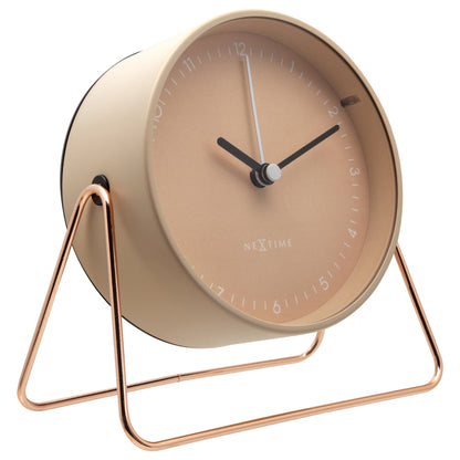NeXtime Clocks Berlin table alarm clock with silent metal design, measuring 14x13x7cm, viewed from the left side.