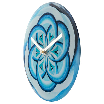 Blue NeXtime Cosmo Table clock with 20cm tempered glass face, silent mechanism, designed for wall or table display.
